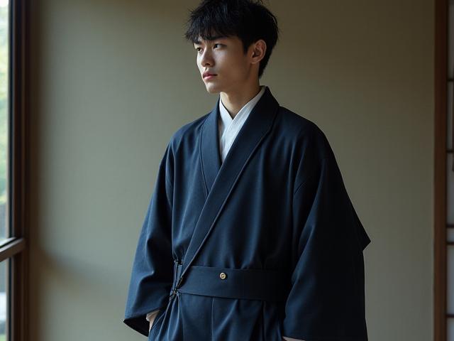 着物から着想を得た現代的なフォーマルウェア、男性モデル着用